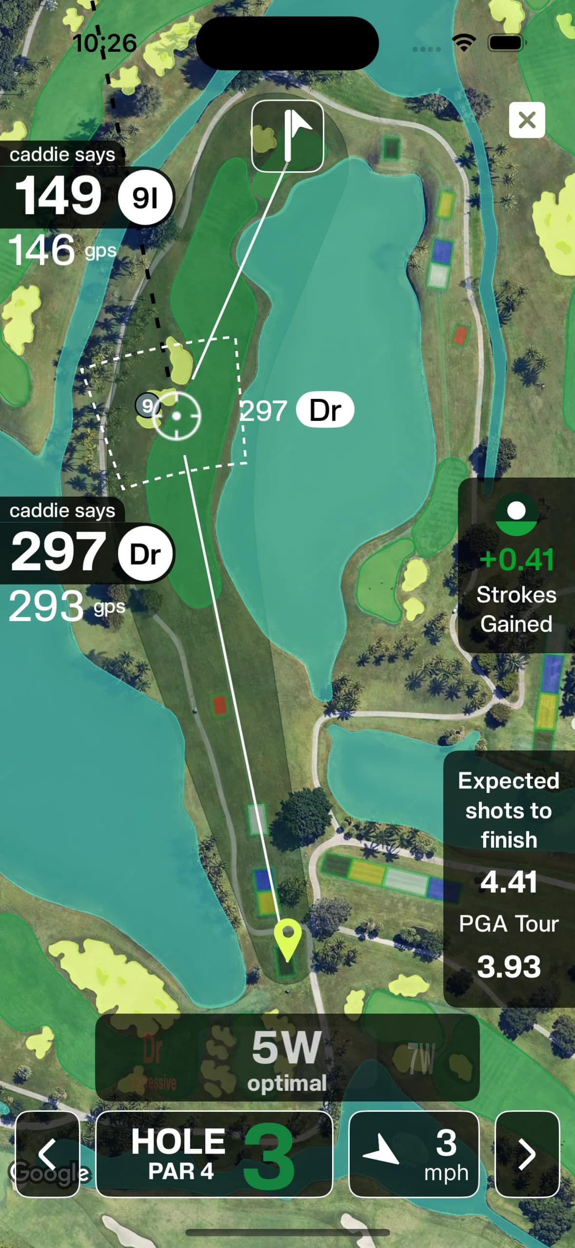 The Smart Caddie calling 297 with driver against 293 GPS, with live strokes gained and expected shots to finish versus PGA Tour