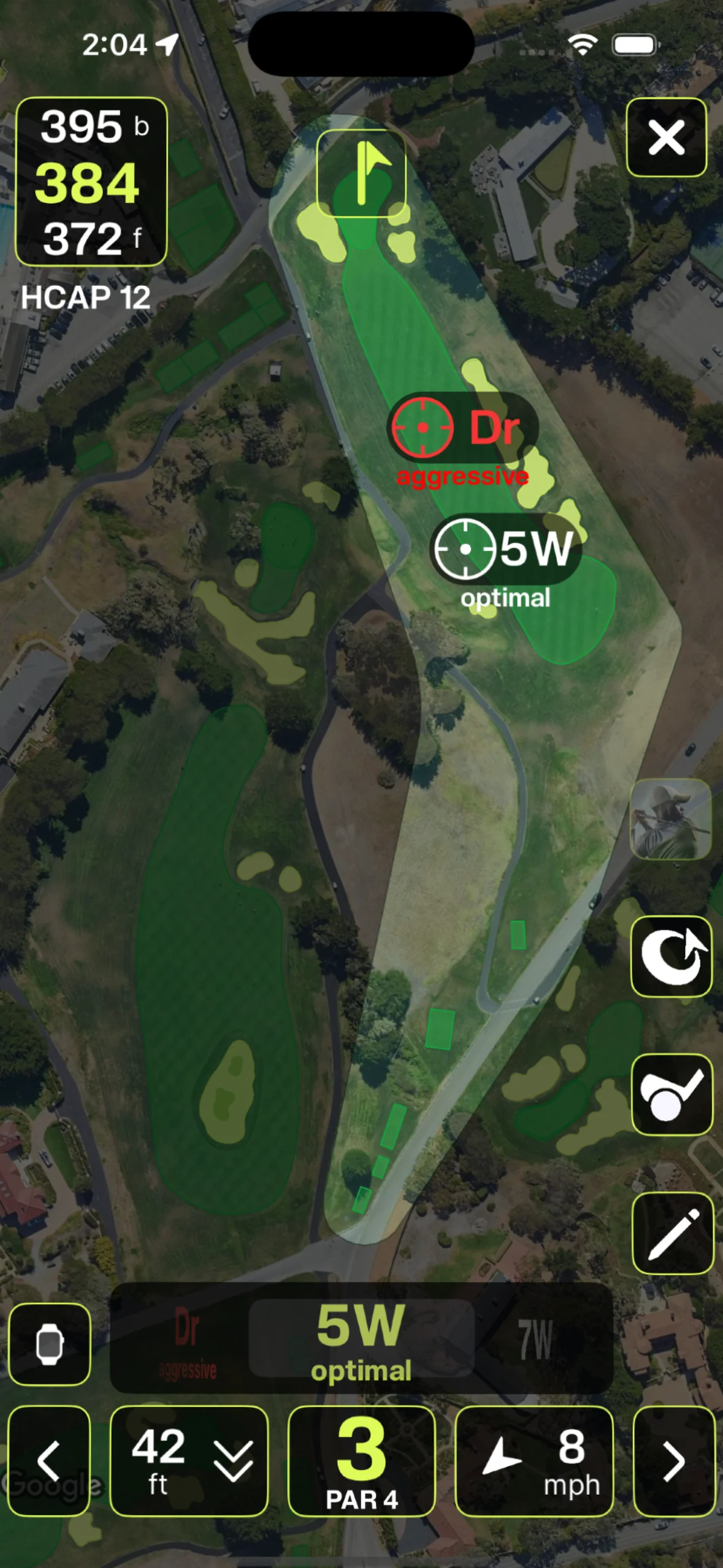 Tangent on iPhone: the Smart Caddie marking driver as aggressive and 5-wood as optimal on a par 4, with plays-like distance and wind