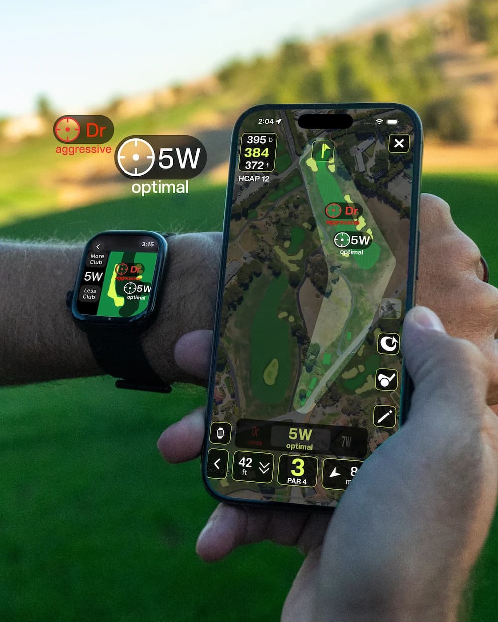 The Smart Caddie on iPhone calling 5-wood as the optimal club on a par 3, with the same call on an Apple Watch
