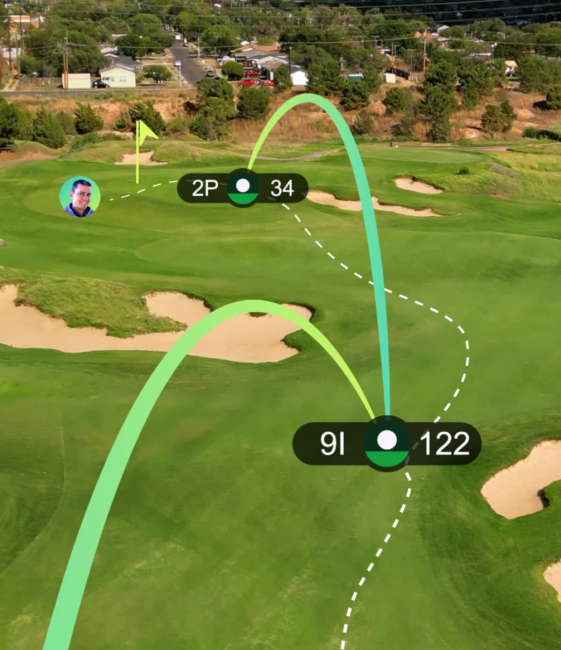 Tangent's shot tracer over an aerial course view: a 122-yard 9-iron and a 34-foot two-putt arcing toward the green, with the walked path between them