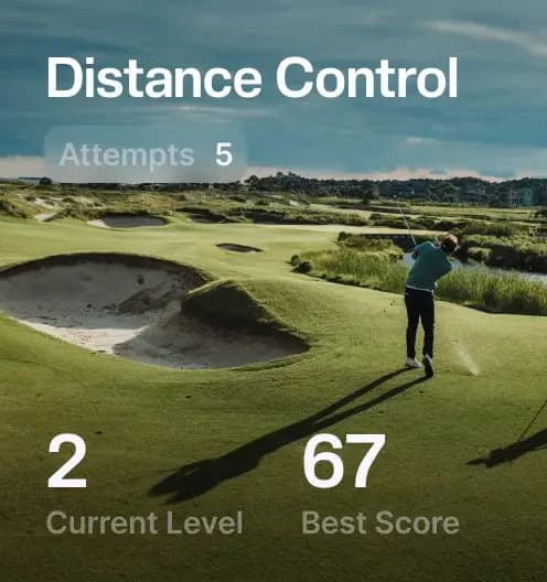 Tangent's Distance Control drill: five attempts logged, currently at level 2 with a best score of 67